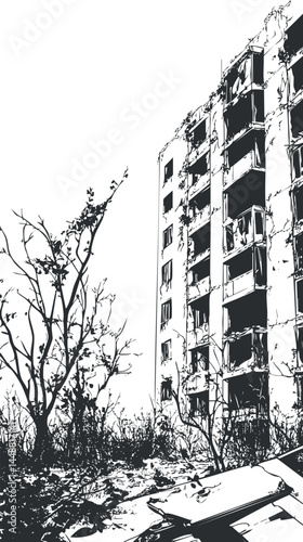 Black and white illustration of an abandoned apartment building in ruins surrounded by leafless trees and overgrown vegetation.