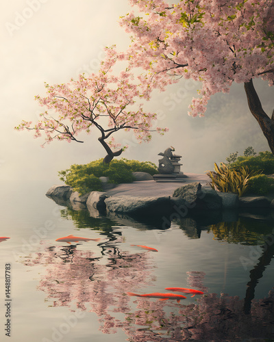 Cherry blossoms and koi fish by tranquil pond in misty garden