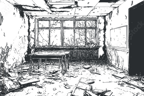 Abandoned and dilapidated classroom interior with broken furniture and debris scattered on floor