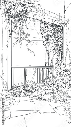 Black and white line drawing of an abandoned overgrown ruin with vines and plants covering broken walls and ground.