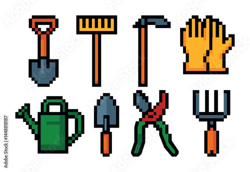 Pixel art gardening tools icon set – vibrant outdoor, horticulture, and landscaping symbols for home projects: shovel, rake, hammer, gloves, watering can, trowel, pruners, pitchfork.