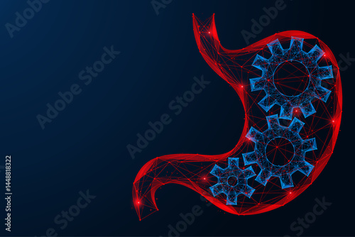A gear mechanism inside the stomach. The system of food digestion. Polygonal design of interconnected lines and dots.