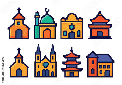 World architecture icon set - pixel art style religious and cultural landmarks: mosque, church, cathedral, pagoda, temple, synagogue, shrine, basilica.