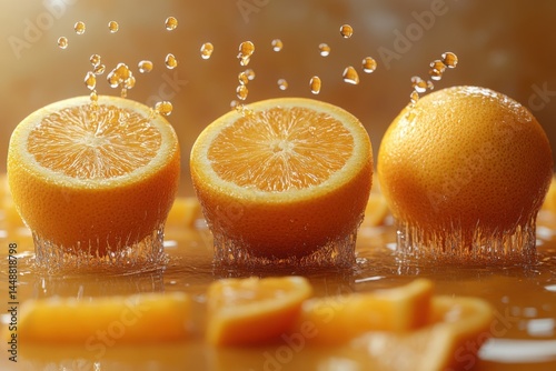 Oranges splash into juice halves and whole create refreshing citrus vibrancy