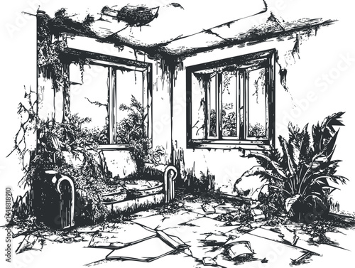 Illustration of an abandoned, decaying room with overgrown plants and broken furniture in ruins.