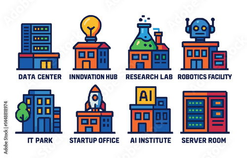 Tech industry and innovation line icons – colorful flat style business, ai, and research symbols for technology growth: data center, robot, research lab, ai institute, server room.