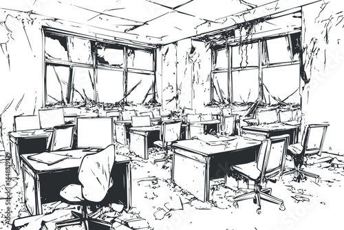 Abandoned office interior with broken windows, damaged furniture and debris scattered on the floor