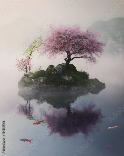 Cherry blossom tree on misty island with koi fish in calm water