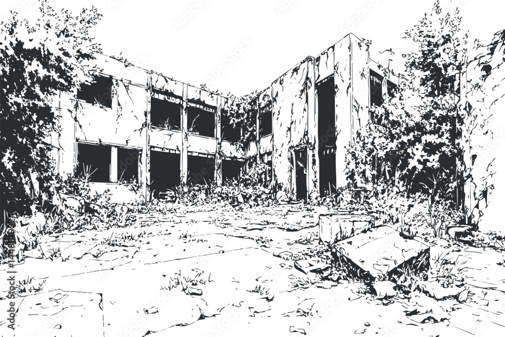 Obraz premium Black and white illustration of an abandoned concrete building overgrown with vegetation and trees