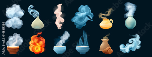 Smoke steam icon set with aroma and heat elements   -  