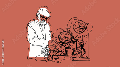 Steampunk inventor with gears, minimal    - 
