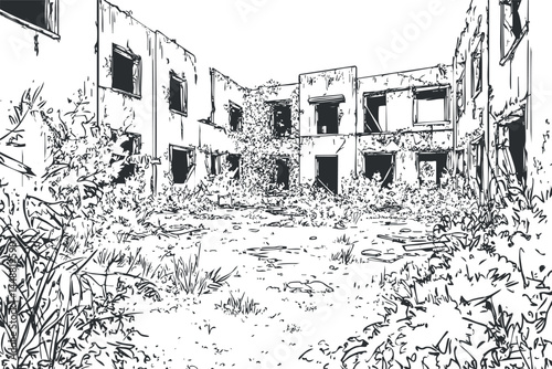 Black and white sketch of an abandoned building courtyard overgrown with plants and vegetation