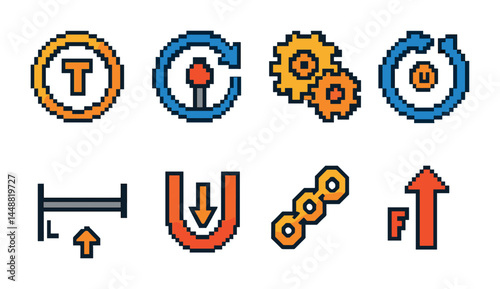 Digital pixel art icons set – retro style computer, technology, and gaming symbols for nostalgic designs: email, settings, upload, download, hyperlink, level up, undo, magnet.