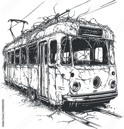 Black and white sketch of an abandoned overgrown tram covered in vines sitting on railway tracks