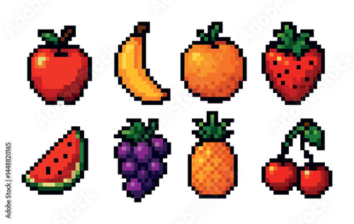 Pixel art fruit icon set – vibrant retro style food and fruit symbols for creative designs: apple, banana, orange, strawberry, watermelon, grape, pineapple, cherry.