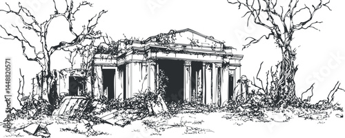Black and white sketch of ancient temple ruins with columns surrounded by overgrown trees and vegetation.