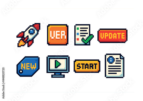 Retro video game pixel art icon set – vintage style gaming, technology, and software symbols: rocket, badge, checklist, update, tag, monitor, start, document