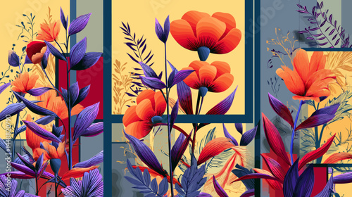 Vector in floral and groovy style, flowers and plants, floral botanic design templates, frames and modern art prints, posters and placards   -  