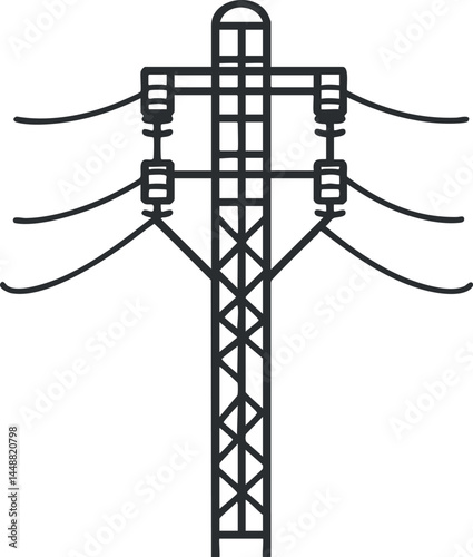Line drawing of an electric power pole with multiple transmission wires for electricity distribution.