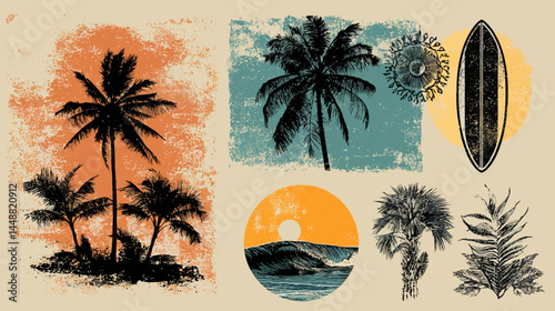 Vector logo and print design templates, summer palms, tropical illustrations, tropical surfing concept, vacation and travel, palm trees and boho elements   -  