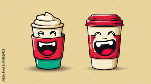 Vector logo design template and graphic elements for advertising, branding, posters and banners, cartoon illustrations with smiling character, coffee cup mascot, print and sticker   -  