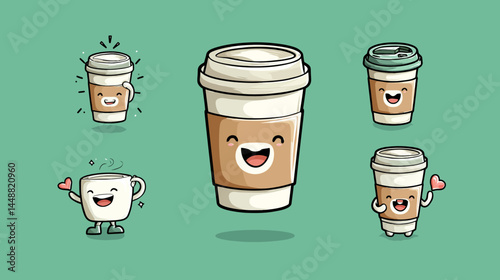 Vector logo design template and graphic elements for advertising, branding, posters and banners, cartoon illustrations with smiling coffee cup mascot, print and sticker   -  