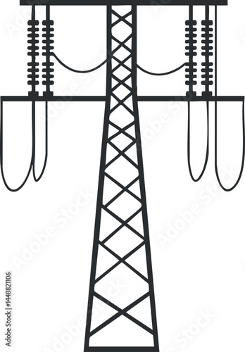 Black and white icon of a power transmission tower with high voltage electric wires and insulators