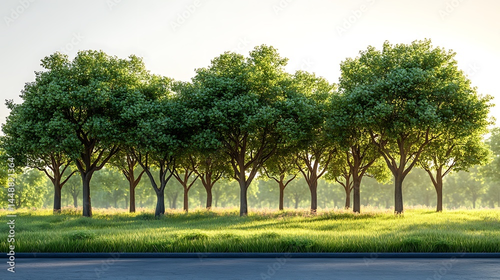 Row Of Trees In Green Meadow With Sunlight High Resolution Photo Row Of Trees In Green Meadow With Sunlight High Resolution Photo