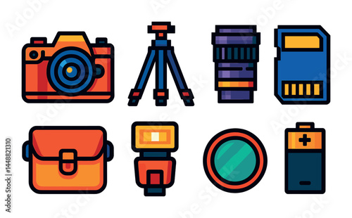 Photography equipment icon set – filled style camera, lens, and gadget symbols for creative design: camera, tripod, lens, sd card, camera bag, flash, filter, battery.
