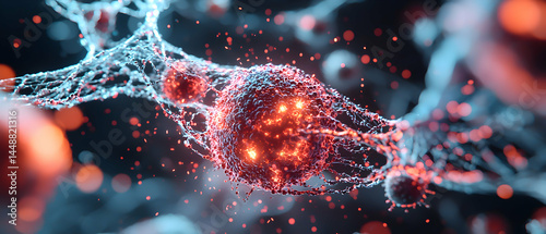 A vibrant scientific illustration depicting interconnected cells or biological structures. Ideal for medical research visualization educational material or futuristic art projects.