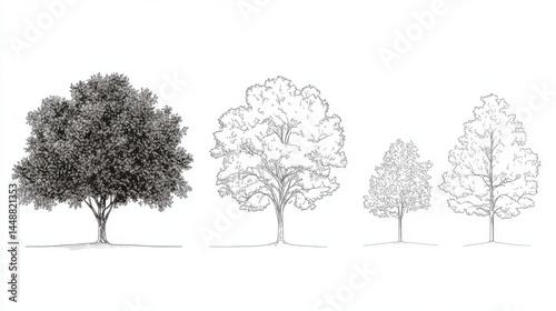 A 4K photo of minimal style cad tree line drawing, Side view, set of graphics trees elements outline symbol for architecture and landscape design drawing. Vector.