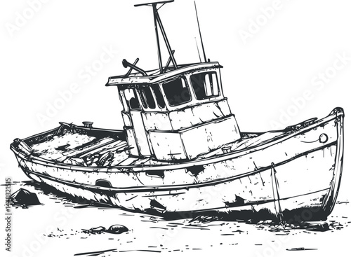 Black and white sketch of an old fishing boat stranded on shore with rustic details