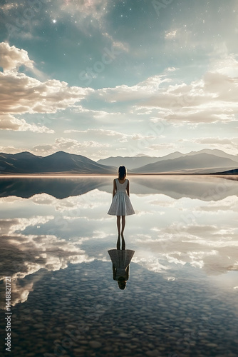 Woman standing on reflective lake with mountains and clouds
