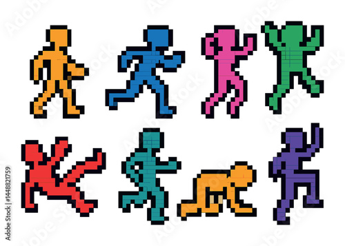 Dynamic sports pixel art icon set – retro style fitness, workout, and exercise symbols: running, jogging, stretching, jumping, kicking, sprinting, push-up, dancing.