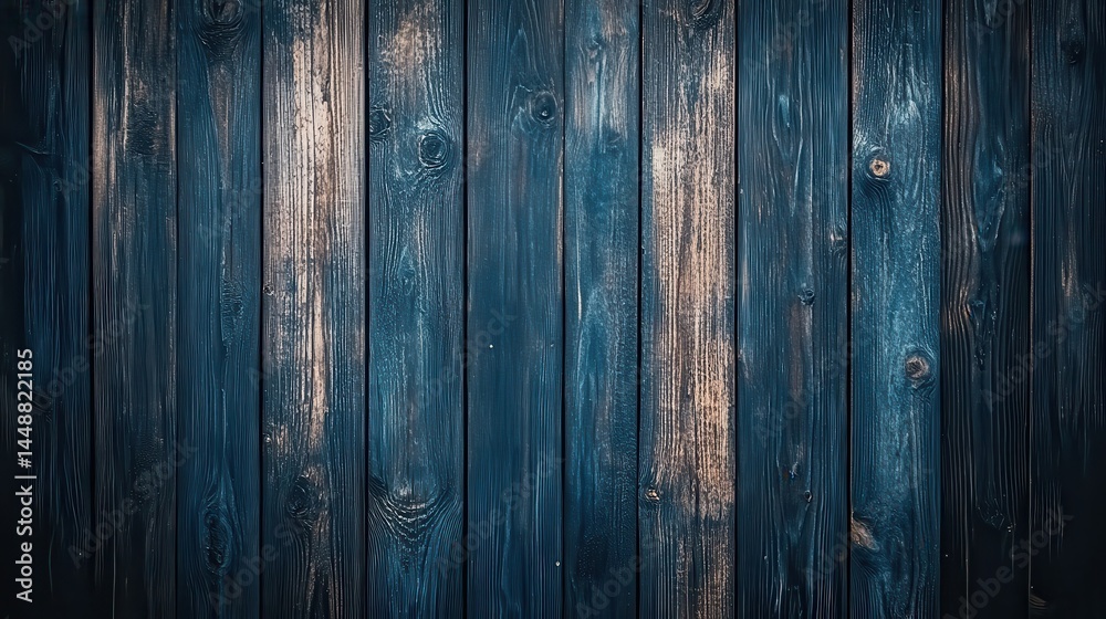 Fototapeta premium A 4K photo of navy blue wood planks texture, showcasing a dark, rough wooden fence surface with a close-up view, creating a modern, toned background perfect for design.