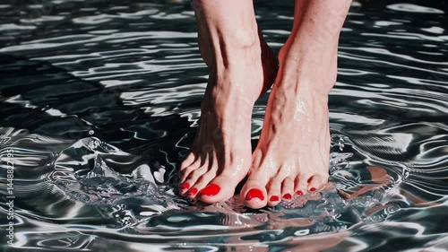 Splashing feet in clear water with ripples and reflections. pedicure, red nails, skincare. 