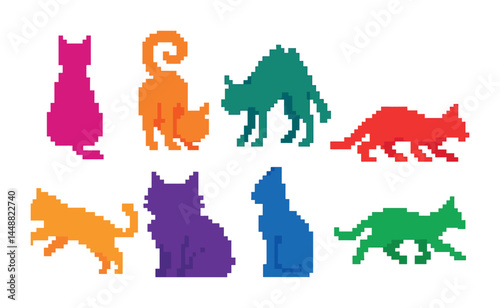 Pixel art cat icon set - 8 unique feline silhouette icons in retro gaming style: sitting cat, stretching cat, walking cat, curled tail cat, playful cat, prancing cat, stalking cat, calm cat.