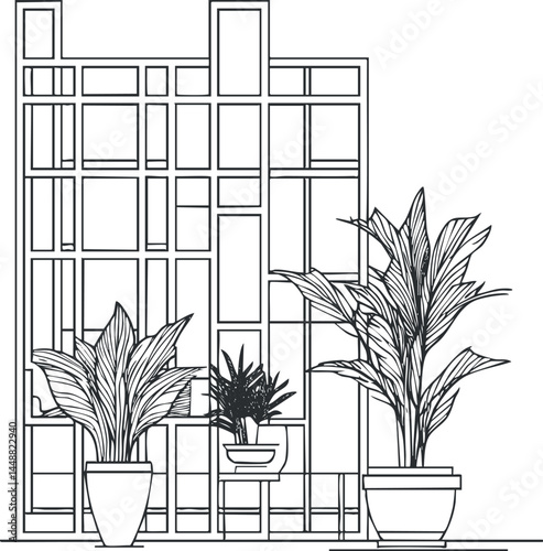 Black and white line drawing of three indoor potted plants arranged in front of a decorative grid wall panel