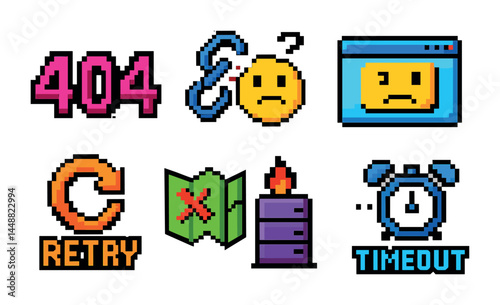 Pixel art error icons collection featuring 404 error, broken link, and timeout symbols for web and tech design