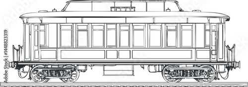 Side view illustration of a vintage tram streetcar used for urban public transportation on rails.
