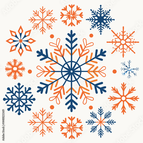 Geometric Snowflakes: An intricate arrangement of stylized snowflakes in shades of blue and orange, perfect for festive design. The snowflakes exhibit unique patterns and shapes.