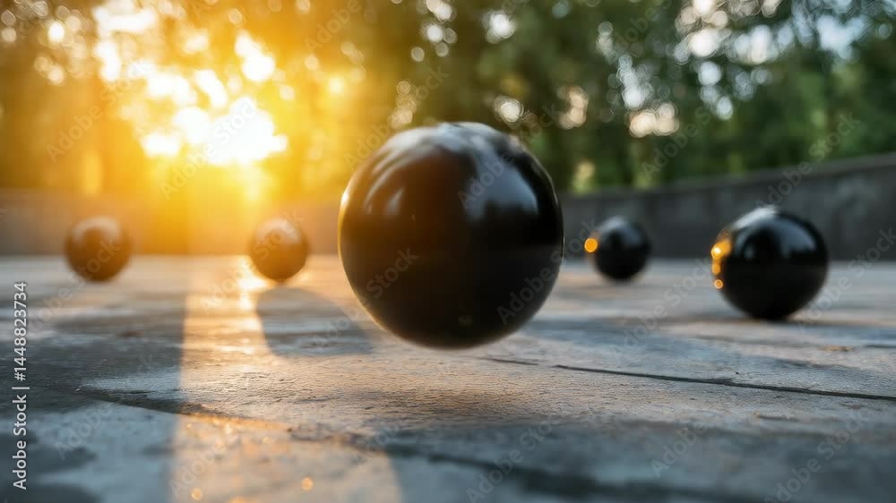 A black ball is in the center of a group of black balls