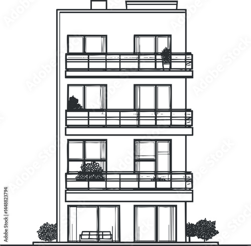 Minimalist black and white drawing of modern four-story apartment building with balconies and plants