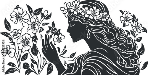 Silhouette of a woman with flowing hair and floral wreath touching blooming flowers in nature