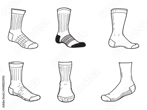 Set of 6 pcs Different type of Crew Socks Clear Vision Simple Line Art on White Background