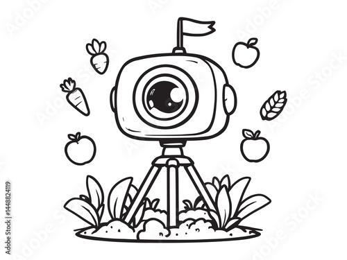 Set of 6 pcs Different type of Crop Monitoring Camera Clear Vision Simple Line Art on White Background