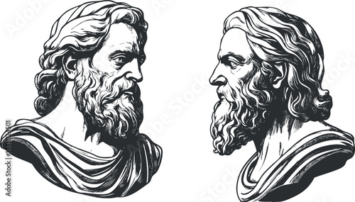 Black and white illustration of two classical male busts with beards in side profile, inspired by ancient sculpture.
