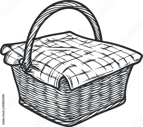 Black and white illustration of a woven picnic basket covered with a checkered cloth and a handle