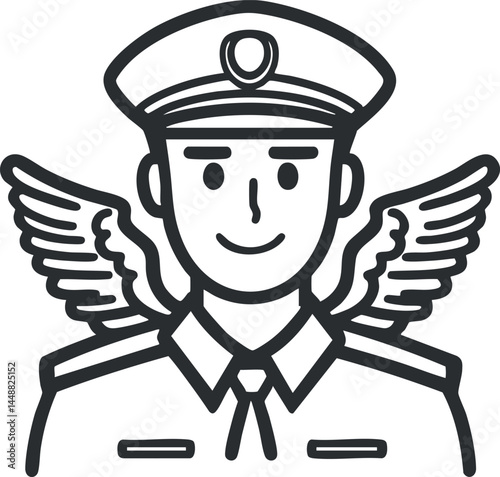 Line art illustration of a male pilot wearing uniform and cap with wings symbol behind him