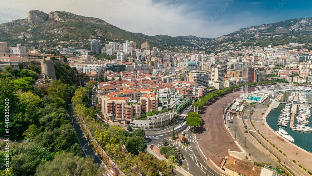 Obraz premium Panorama of Monte Carlo timelapse from the observation deck in the village of Monaco near Port Hercules